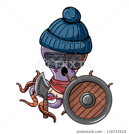 Cartoon octopus viking wearing a beanie and sunglasses, holding an axe and a shield while smoking a pipe. Illustration for fantasy, science fiction and adventure comics 116733918