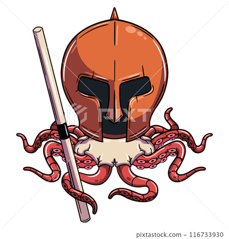 Cartoon octopus wearing a Spartan helmet, holding a staff, with a determined and focused expression. Illustration for fantasy, science fiction and adventure comics 116733930