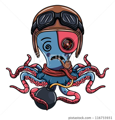 Cartoon cyborg octopus pilot with a bomb, wearing goggles and scarf, smoking a pipe. Illustration for fantasy, science fiction and adventure comics 116733931