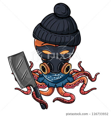 Cartoon octopus wearing gas mask, beanie, and bandana, holding a cleaver, with a menacing expression. Illustration for fantasy, science fiction and adventure comics Cartoon octopus wearing gas mask, beanie, and bandana, holding a cleaver, with a menacing expression. Illustration for fantasy, science fiction and adventure comics 116733932