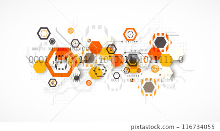 Abstract circuit board background with hexagons. Hi-tech digital technology concept. Hand drawn vector. Abstract circuit board background with hexagons. Hi-tech digital technology concept. Hand drawn vector. 116734055
