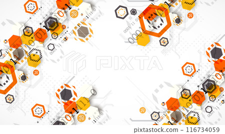 Abstract circuit board background with hexagons. Hi-tech digital technology concept. Hand drawn vector. Abstract circuit board background with hexagons. Hi-tech digital technology concept. Hand drawn vector. 116734059