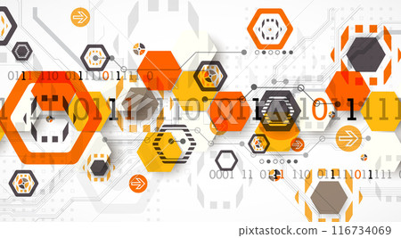 Abstract circuit board background with hexagons. Hi-tech digital technology concept. Hand drawn vector. Abstract circuit board background with hexagons. Hi-tech digital technology concept. Hand drawn vector. 116734069
