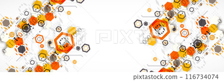Abstract circuit board background with hexagons. Hi-tech digital technology concept. Hand drawn vector. 116734074