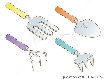 柔和的彩色園藝工具套裝：鏟子和叉子（對角線） 116734152