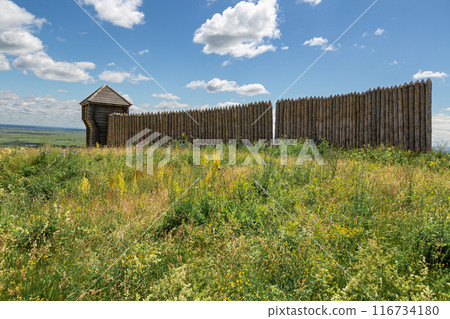 Ancient wooden fortress on a background of river spaces. Russia, Tatarstan, ancient Bulgar fortress in Yelabuga 116734180