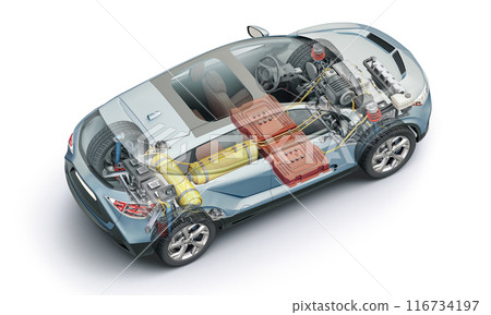 Hydrogen car technical cutaway 3D rendering. 116734197