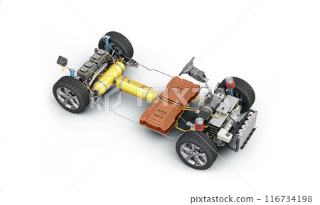 Hydrogen car technical under carriage 3D rendering. Hydrogen car technical under carriage 3D rendering. 116734198