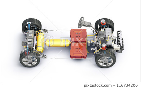 Hydrogen car technical under carriage 3D rendering. 116734200
