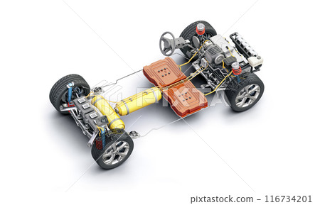 Hydrogen car technical under carriage 3D rendering. Hydrogen car technical under carriage 3D rendering. 116734201