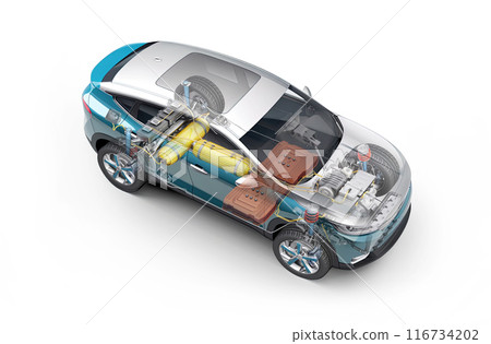 Hydrogen car technical cutaway 3D rendering. Hydrogen car technical cutaway 3D rendering. 116734202