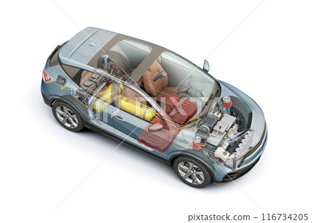 Hydrogen car technical cutaway 3D rendering. 116734205