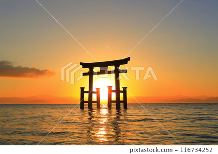 [Shiga Prefecture] Shirahige Shrine's large torii gate in the lake and the first sunrise (Lake Biwa) 116734252