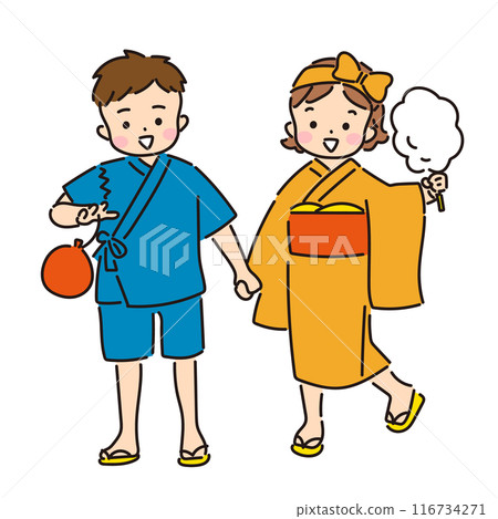 Children wearing yukata enjoying the summer festival Children wearing yukata enjoying the summer festival 116734271