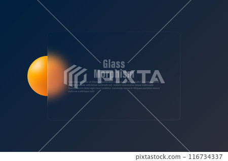Banner made of transparent frosted glass with a neon orange sphere on a dark background. Banner made of transparent frosted glass with a neon orange sphere on a dark background. 116734337