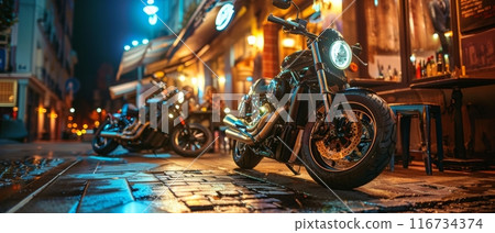Nighttime street scene with a vintage bar, neon signs, and motorcycles parked outside, creating a retro urban atmosphere 116734374