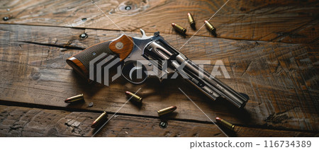 A vintage revolver surrounded by bullets on a rustic wooden surface, suggestive of a bygone era. 116734389