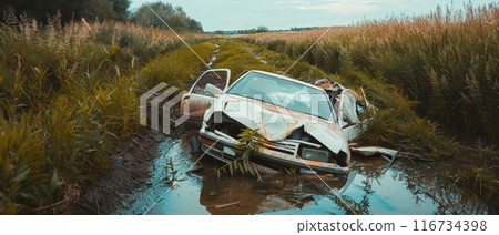 An old rusted car wreck sits forgotten in a field overgrown with weeds and wildflowers. 116734398