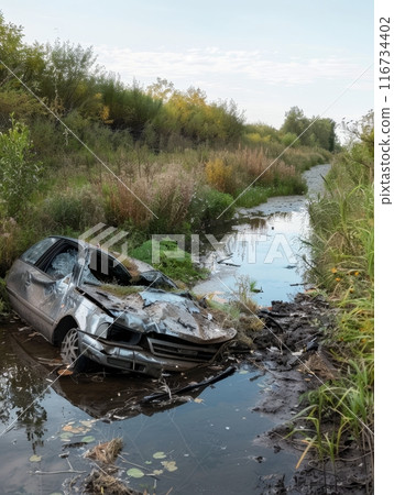 An old rusted car wreck sits forgotten in a field overgrown with weeds and wildflowers. 116734402