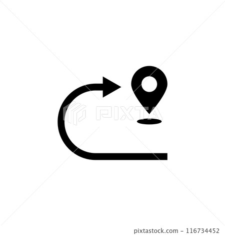 Modern, flat design icon of a location pin and curved arrow, perfect for navigation and map-related applications Modern, flat design icon of a location pin and curved arrow, perfect for navigation and map-related applications 116734452