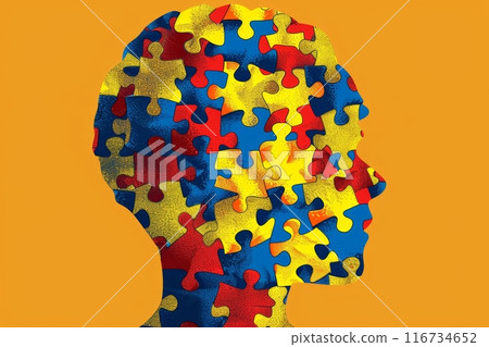 An artistic representation of a human head made up of colorful puzzle pieces, creating a unique and abstract portrait. 116734652