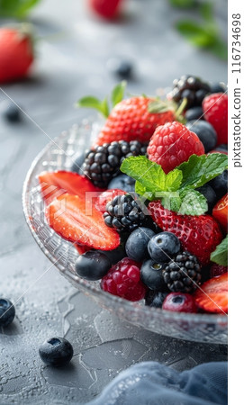 Sunlight enhances the natural beauty of a berry assortment with mint in a translucent bowl, offering a taste of nature's candy. 116734698