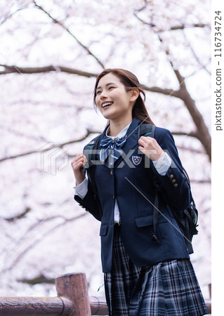 High school girls running under the cherry blossom trees 116734724