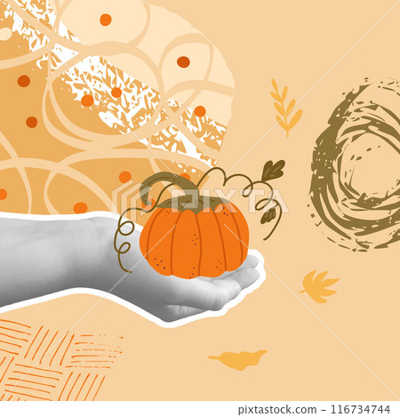 Autumn harvest collage background. Seasonal events template. Hand sticker holding pumpkin. Vector mixed illustration. Autumn harvest collage background. Seasonal events template. Hand sticker holding pumpkin. Vector mixed illustration. 116734744