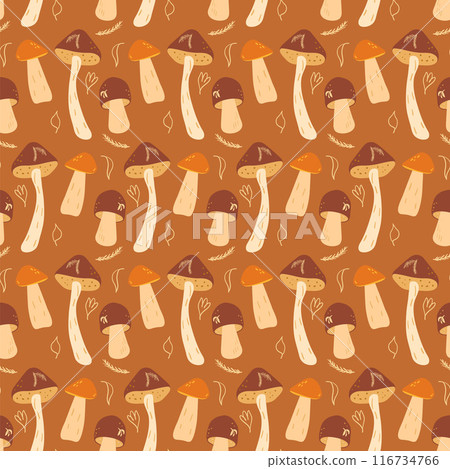 Mushrooms seamless pattern. Fungus endless background. Vector hand drawn flat illustration. Mushrooms seamless pattern. Fungus endless background. Vector hand drawn flat illustration. 116734766