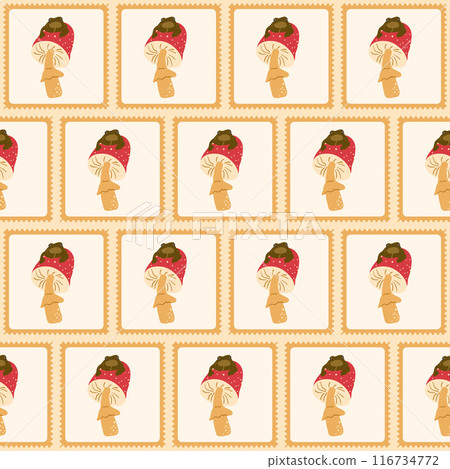 Fly agaric checked seamless pattern. Bento box Fairy Tale Mushroom with frog repeat background. Inedible mushrooms retro stamps endless design. Vector hand drawn flat illustration. Fly agaric checked seamless pattern. Bento box Fairy Tale Mushroom with frog repeat background. Inedible mushrooms retro stamps endless design. Vector hand drawn flat illustration. 116734772