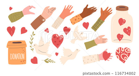 Charity set. Hands with hearts shape, donation box and dove of peace. Palms with charity and kindness symbols kit. Vector hand drawn flat collection illustration isolated on white background. 116734802