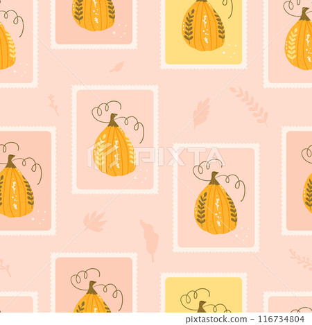 Winter squash seamless pattern. Bento box pumpkin repeat background. Halloween retro stamps endless design. Vector hand drawn flat illustration. 116734804