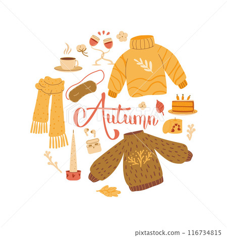 Autumn emblem with text and sweater, scarf, beanie, coffee cup, wine glasses, cake, headphones and fall leaves on a white background. Vector cozy lifestyle concept. 116734815