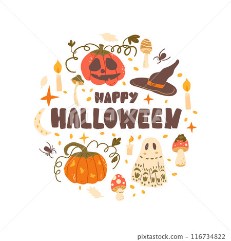 Happy Halloween round composition. All Hallows' Eve icon with Pumpkins, ghosts, witch hats and lettering. Vector hand drawn flat illustration. Happy Halloween round composition. All Hallows' Eve icon with Pumpkins, ghosts, witch hats and lettering. Vector hand drawn flat illustration. 116734822