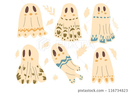 Cute Halloween ghost set with rustic pattern. Vector hand drawn illustration. Cute Halloween ghost set with rustic pattern. Vector hand drawn illustration. 116734823