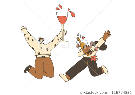 Friends meeting with beverage. Wine tasting event. Cute characters with wineglass and bottles. Vector hand drawn illustration isolated on white background. Friends meeting with beverage. Wine tasting event. Cute characters with wineglass and bottles. Vector hand drawn illustration isolated on white background. 116734825