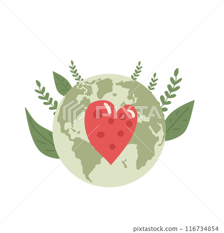 Global charity emblem. Planet Earth with heart isolated on white background. Vector flat illustration. Global charity emblem. Planet Earth with heart isolated on white background. Vector flat illustration. 116734854