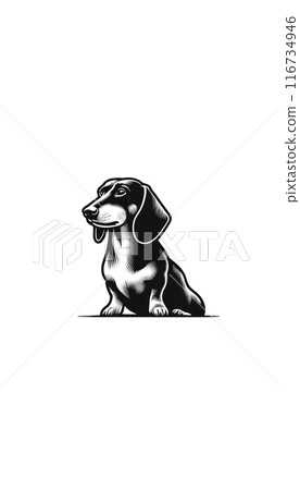Monotone image of a German Dachshund, a small dog with short legs and a long body. 116734946