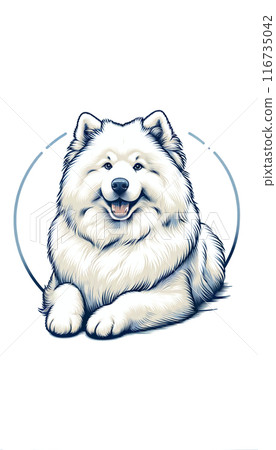 A colored image of a Russian Samoyed, known for its fluffy white coat and friendly nature. 116735042
