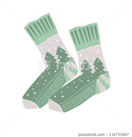 Fairy woolen knitted socks with pine trees and snow, cozy Xmas and Winter symbol. Christmas stockings, vector illustration. 116735067