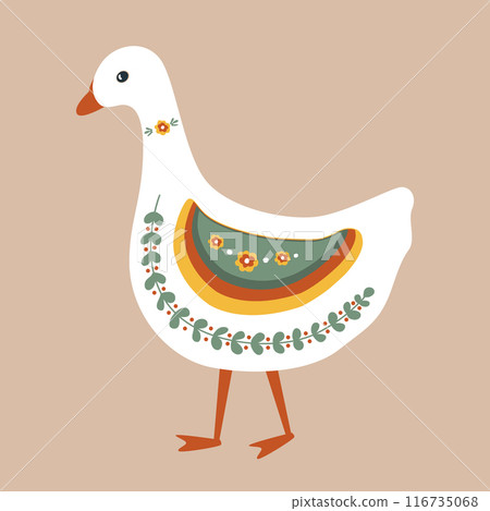 Abstract cartoon goose painted in cartoon nursery, folk, or Scandinavian style. Vector isolated illustration. 116735068