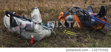 tourist backpack on the background of a mountain landscape 116735442