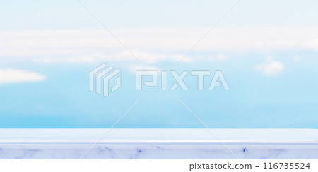 Empty marble surface under clear blue sky with soft clouds, product placement, marketing presentations, and advertising campaigns. Perfect backdrop for showcasing item 116735524