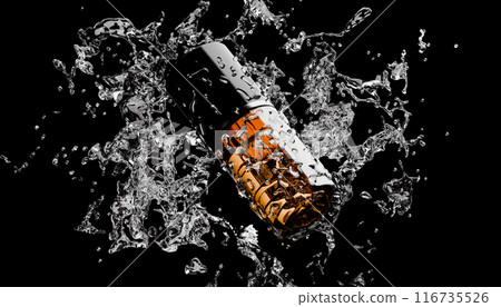 Dynamic Water Splash Around Bottle, Black Background, High-Speed Photography, Liquid Motion, Clear Droplets, Cosmetic Presentation, Energetic Fluid Movement 116735526