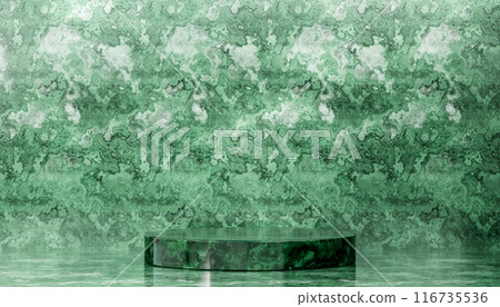 Green Product Presentation podium backdrop with central circular platform for exclusive product display, elegant presentation stage, luxury branding showcase 116735536