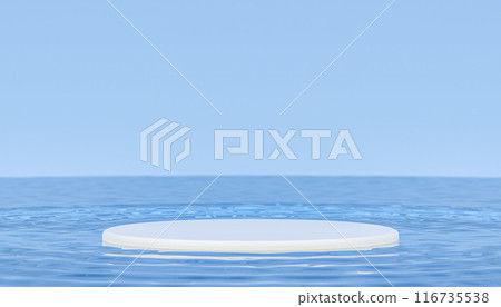 Product Presentation podium, Circular Platform Centered on Calm Water, Showcasing Products, Serene Blue Sky, Highlighting Items 116735538