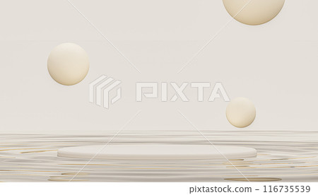 Empty White Marble Circular Platform podium. spheres levitating over reflective watery background with gentle ripples, modern product placement, peaceful setting for advertising backdrop 116735539