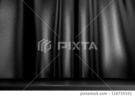 Dark stage curtain closed before product presentation, creating suspenseful backdrop for upcoming corporate event or theatrical performance announcement 116735541