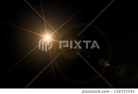 Lens flare and light overlay on black background. sun orange color. Lens Flare, Sun Flare on black background. Optical Flare effect illustration. lens effects for overlay designs 116735543