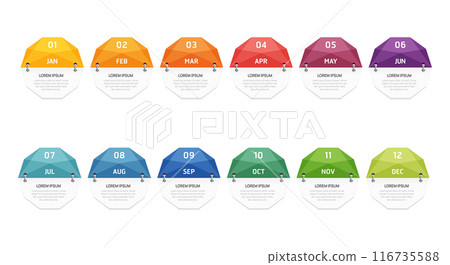 Infographic template for business. 12 Months geometric Timeline element diagram calendar, 4 quarter steps milestone presentation vector infographic. 116735588